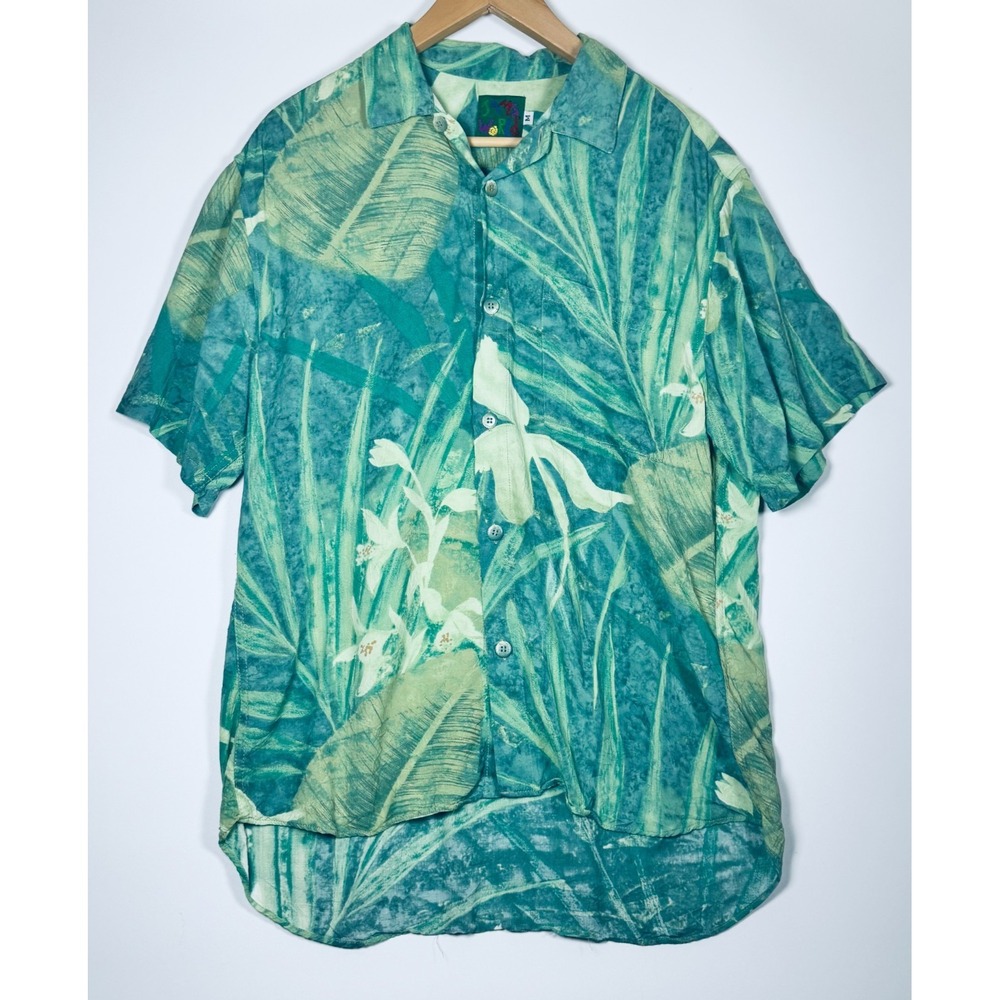 Jams World‎ Palmorca Hawaiian Shirt Mens Medium Green Tropical Rayon Camp Aloha